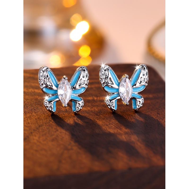 Wish White Diamond Horse Eye Drop Blue Oil Bow Earrings