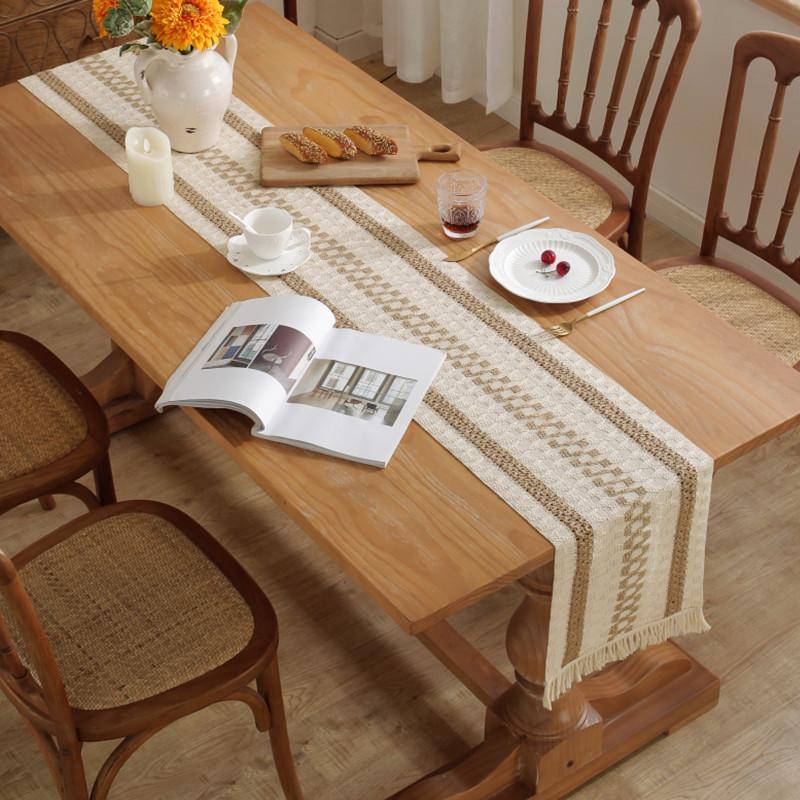 Bohemsk Tofarget Strikket Bordflagg, Krem og Brun med Dusker Heklet Blonder Bordflagg, Blonder Bordflagg, for Hjemmeinnredning