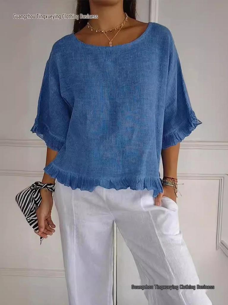 Women's European & American Casual Solid Color Ruffle Short Sleeve T-shirt
