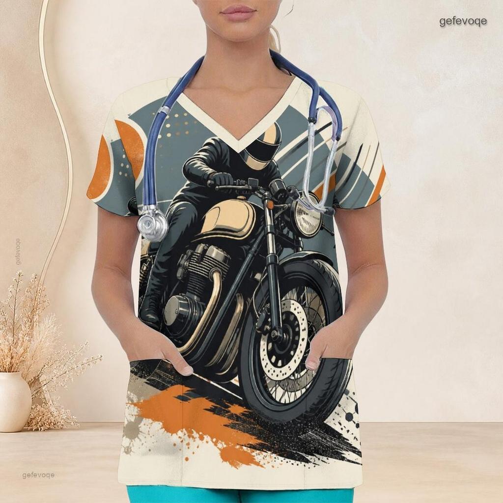 Women Plus Size V Neck Short Sleeve Scrub Top Minimalist Golden Line Intertwined Heart Print Nurse Uniform Top