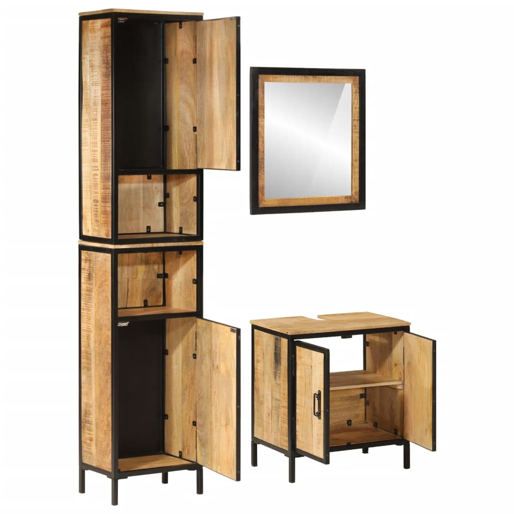 3 Piece Bathroom Furniture Set Iron and Solid Mango Wood