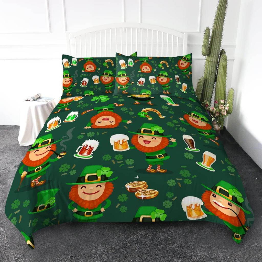 Green Animal Plant Pattern Duvet Cover Queen King Size HD Printed Shamrock Green Bedding Set 3 Piece Set and 2 Pillowcase T