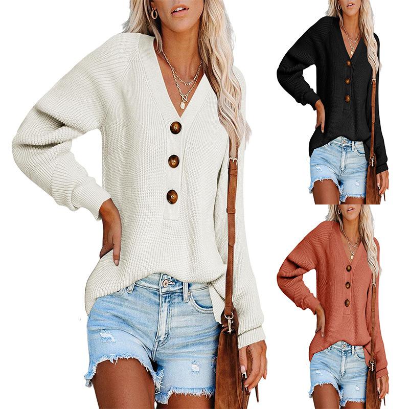 Autumn Winter Women's Button Front Knitted Pullover V Neck Sweater Long Sleeved Knitwear Luxurious Relaxed-fit Slimming and Versatile Top