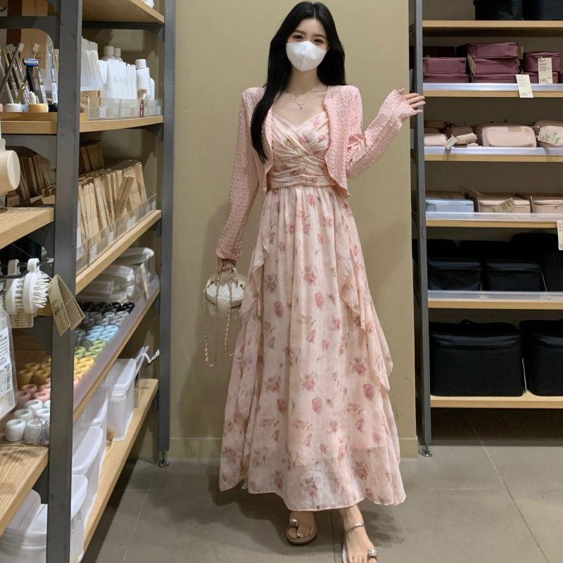 Women's 2026 Pink Floral Strappy Dress & Cardigan Set for Spring/Summer
