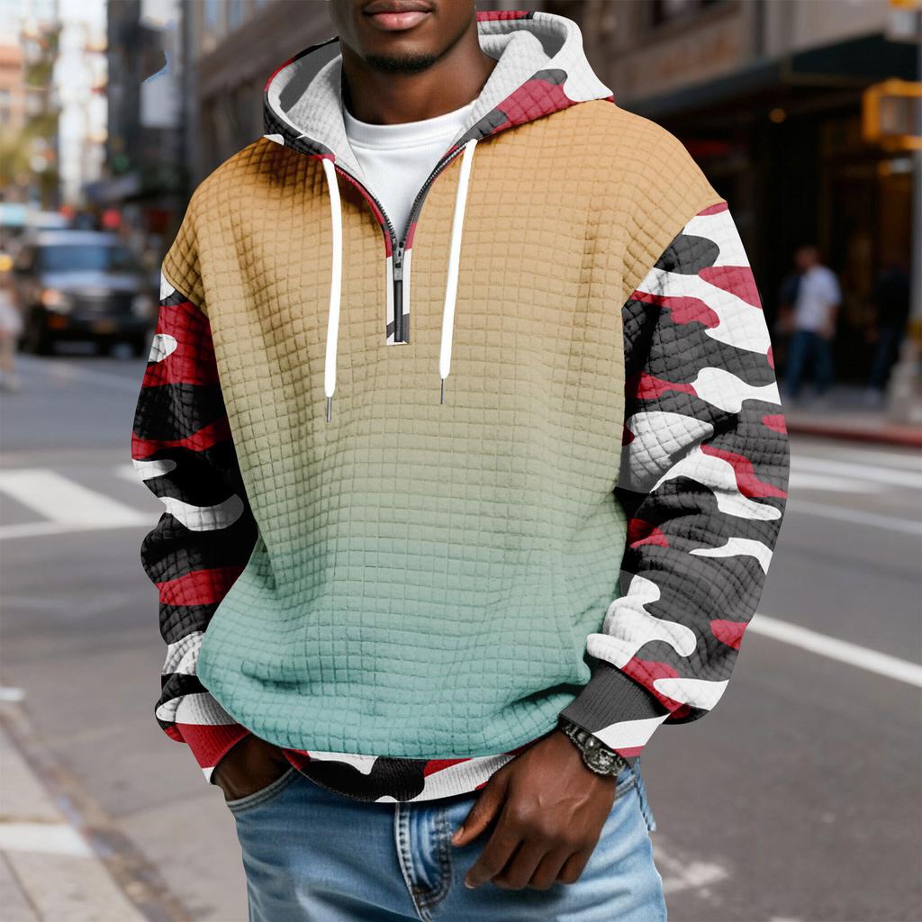 Pánská kostkovaná mikina přes hlavu s kapucí na poloviční zip se stahovací šňůrkou a potiskem, ležérní sportovní mikina