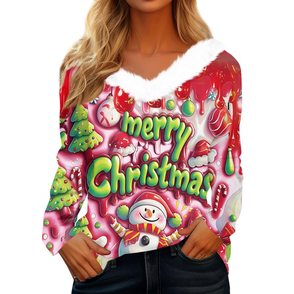 Women's Christmas Printed Long Sleeved Party Plush Neck V-neck Top