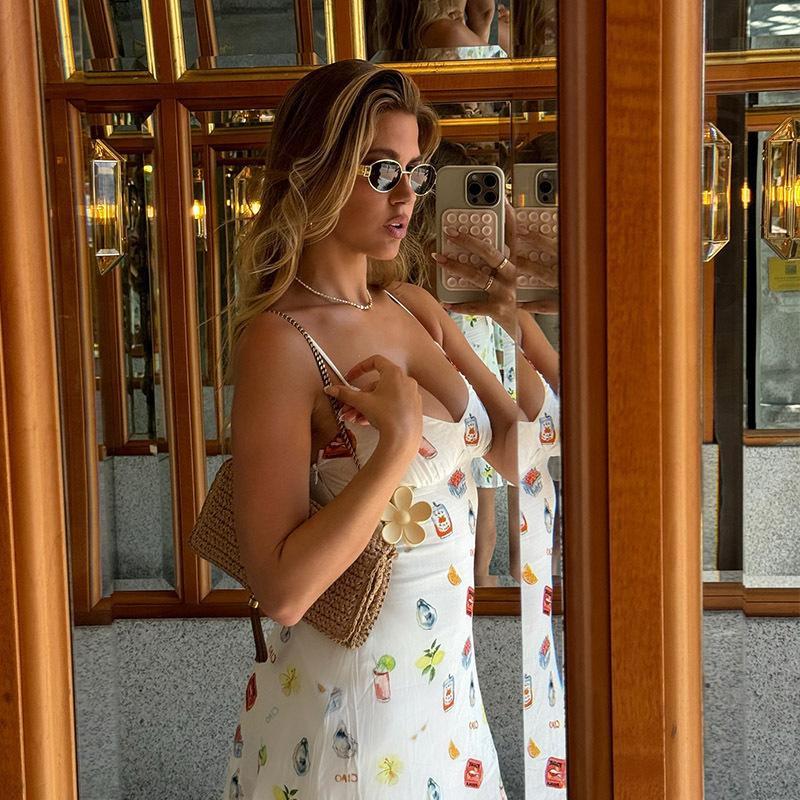 New Sexy U-neck Low-cut Cartoon Print Waist and Thin European and American Pure Desire Spice Girl Suspender Dress Short