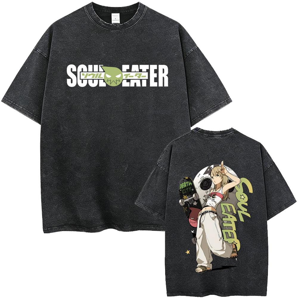 Washed Vintage Anime Soul Eater Maka Albarn Soul Evans Graphic Tshirt Mens Retro Manga T Shirts Men Cotton Oversized Tshirts