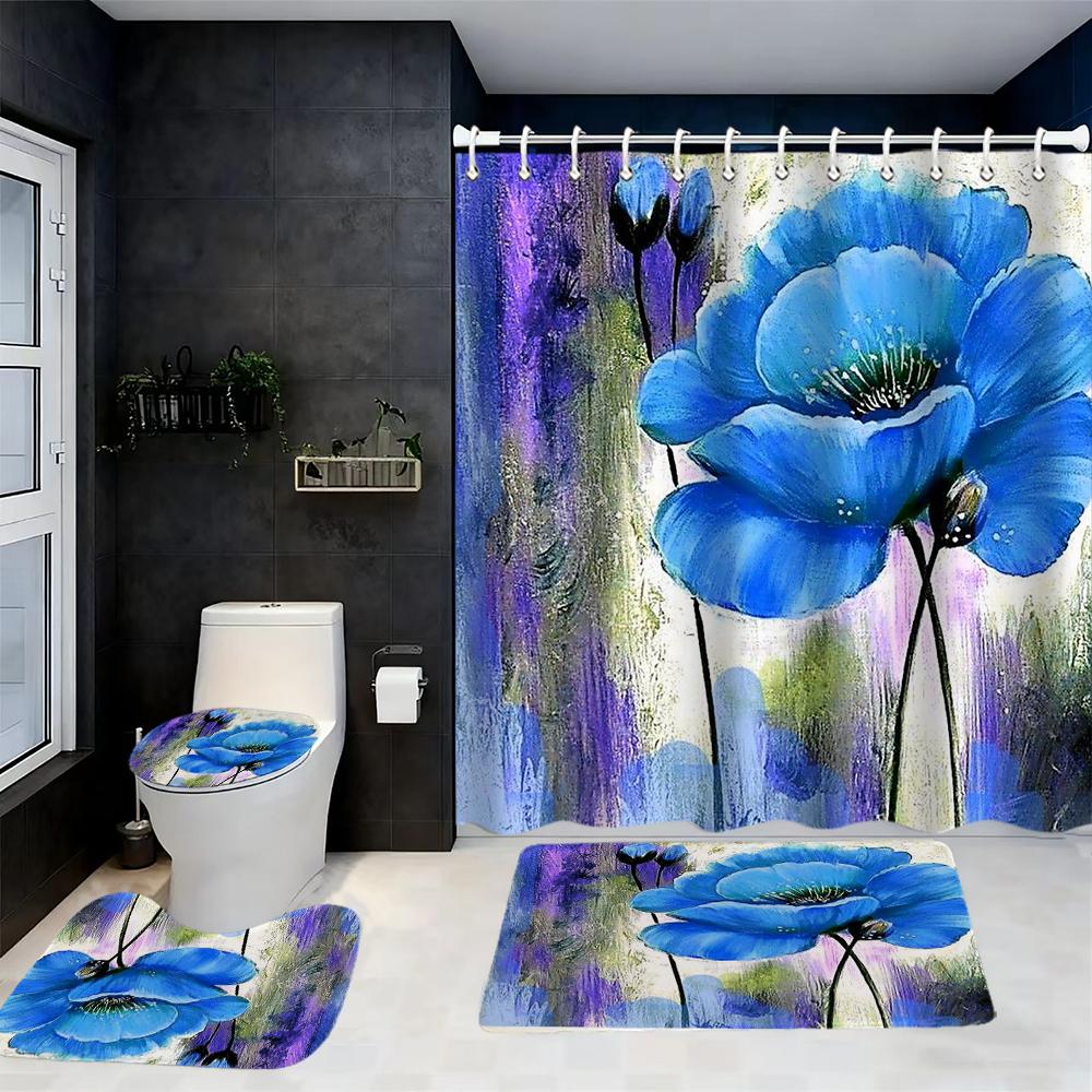 Floral Pattern Shower Curtain Bath Sets Waterproof Non-Slip Bathroom Rug Toilet U With 12 Hooks Home Deco