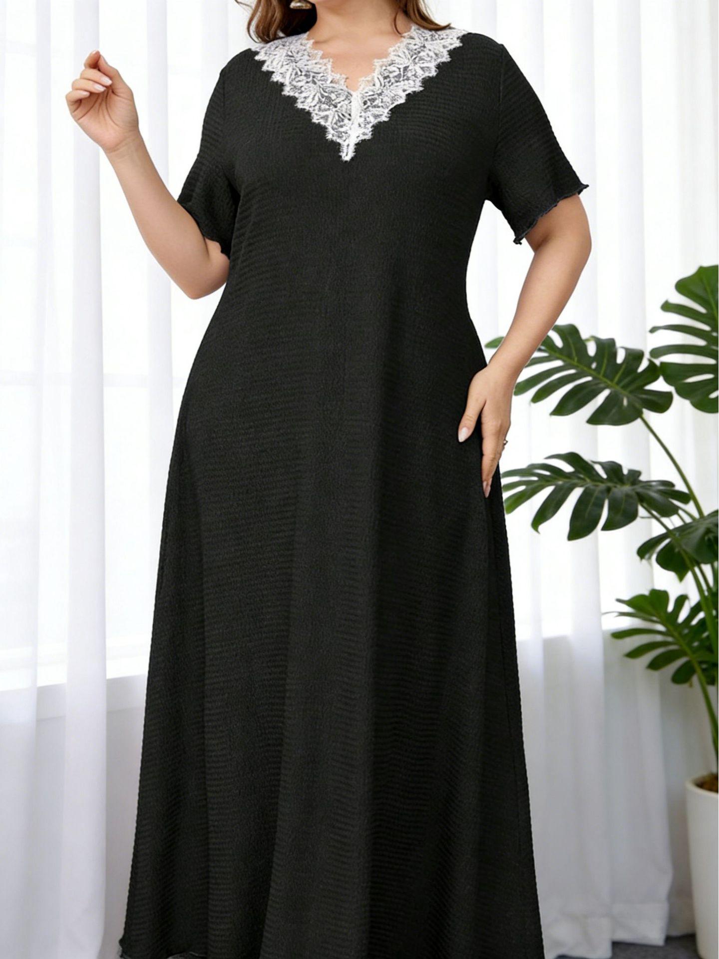 Plus Size V-Neck Lace Patchwork Dress - Short Sleeve, Loose, Long, Middle Eastern Muslim Style 1XL чёрный