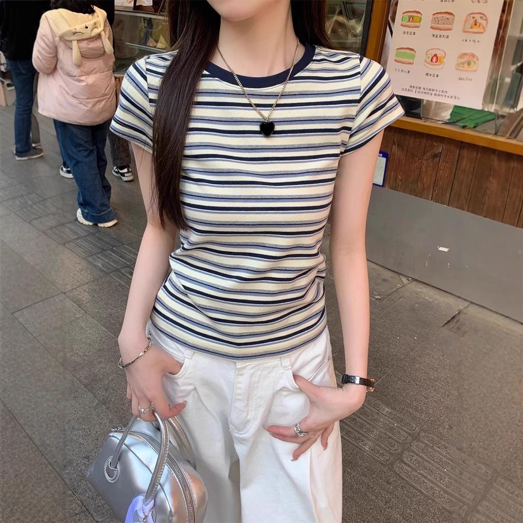 American retro contrasting striped round neck short-sleeved T-shirt women's summer new slim-fitting versatile foreign-style top tide