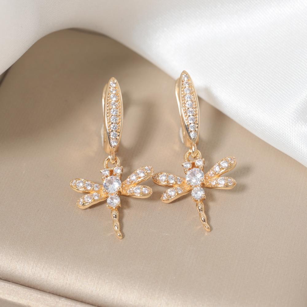 1 Pair Cute Dragonfly Zirconia Dangle Earrings for Women Golden Earring Jewelry Party Accessories золотой