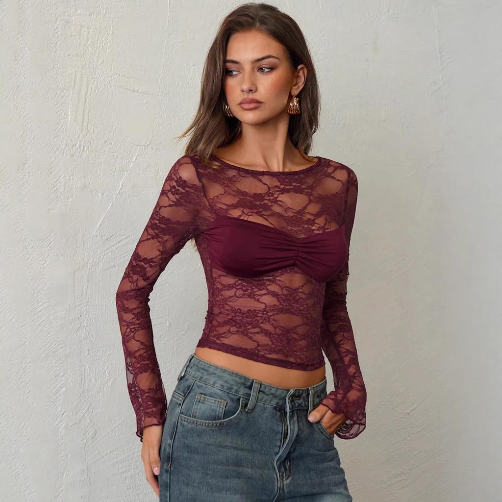 Solid Lace Sheer Long Sleeve Top Women Slim Flattering Chest Ruched Bell Sleeve Fashion Daily Basic Office Lady Casual Slim Fit Ladies Elegant Top