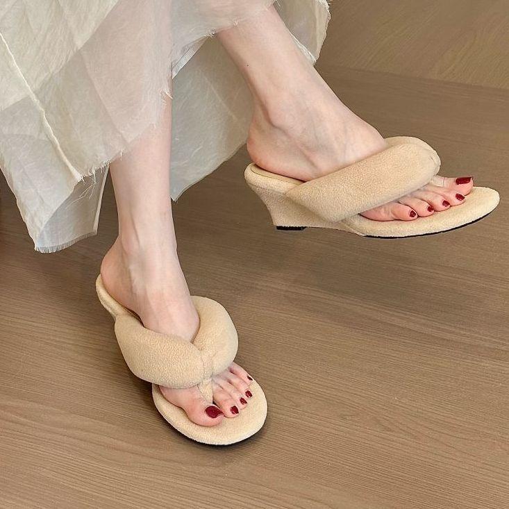 Retro Cow-toned Suede Round Head Toe with Wedge Heel Sandals Female Summer Plus Soft Foreign Versatile Flip-flops