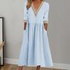 Women Midi Dress Half Sleeves V Neck Cutout Patchwork Pleated Daily Wear A-line Loose Hem Lace Women Summer Dress Female Garment