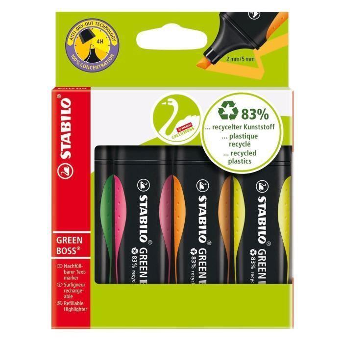 Surligneur - STABILO - GREEN BOSS - Lot De 4 - Éco-responsable - Rechargeable - Plastique Recyclé