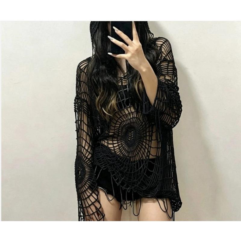 Y2k Abbigliamento Vintage Ragnatela Design con foro scavato Spice Girl Pullover con cappuccio Top in maglia Maglione Donna Moda coreana Manica lunga