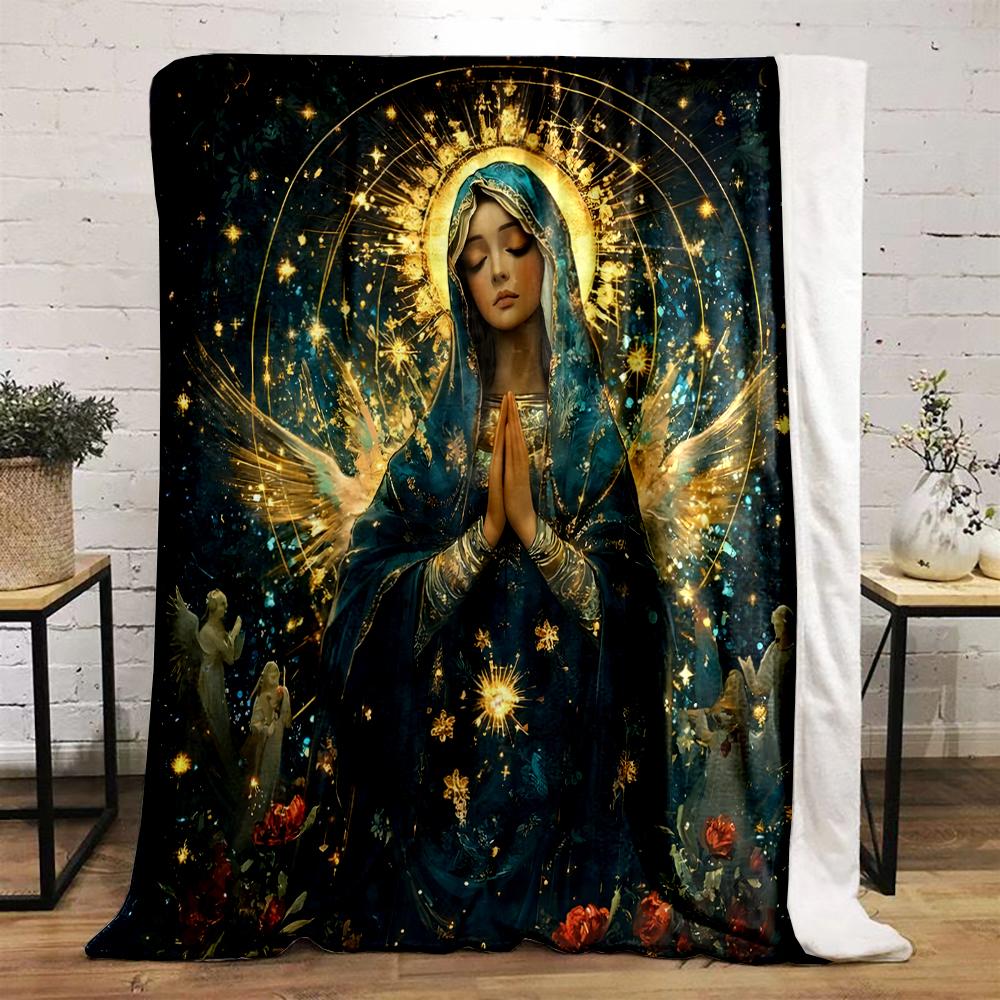 "Praying Woman with Halo and Angelic Design"Flannel blanket for bedroom, living room, sofa, and nap