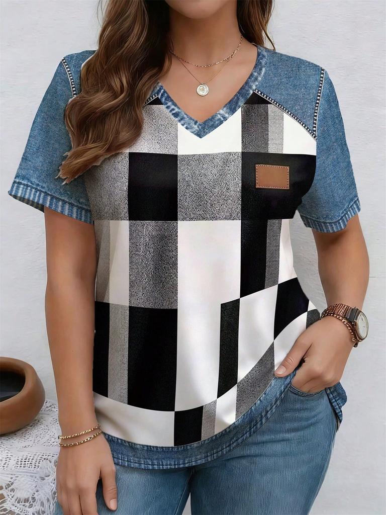 Hot-selling Women's Clothing Splicing Denim 3D Printing Short-sleeved V-neck T-shirt Summer Fashion New Large-size Women's Clothing Top