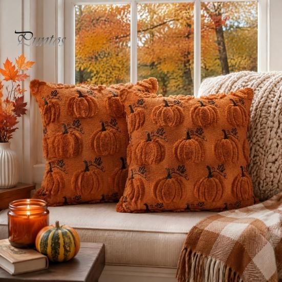 Decorative Throw Pillow Covers Thanksgiving Pumpkin Cushion Cover, Plush Embroidered Cozy Bedroom Cover Soft Case for Farmhouse Home Autumn