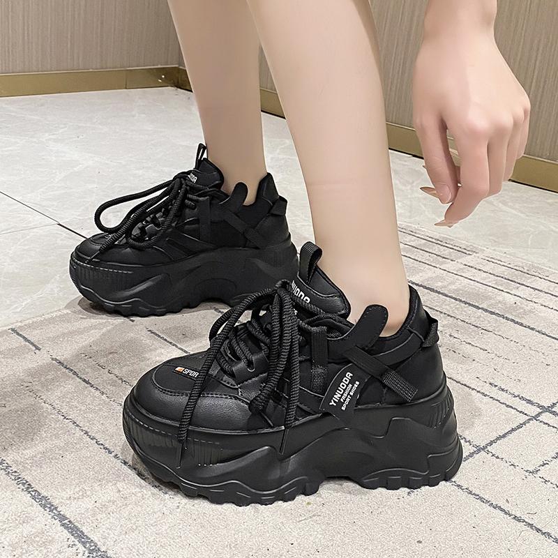8CM Women Walking Sneakers Autumn Lace-up High Platform Chunky Shoes Breathable Leather Shoes Wedge Heels Casual Shoes Size 42