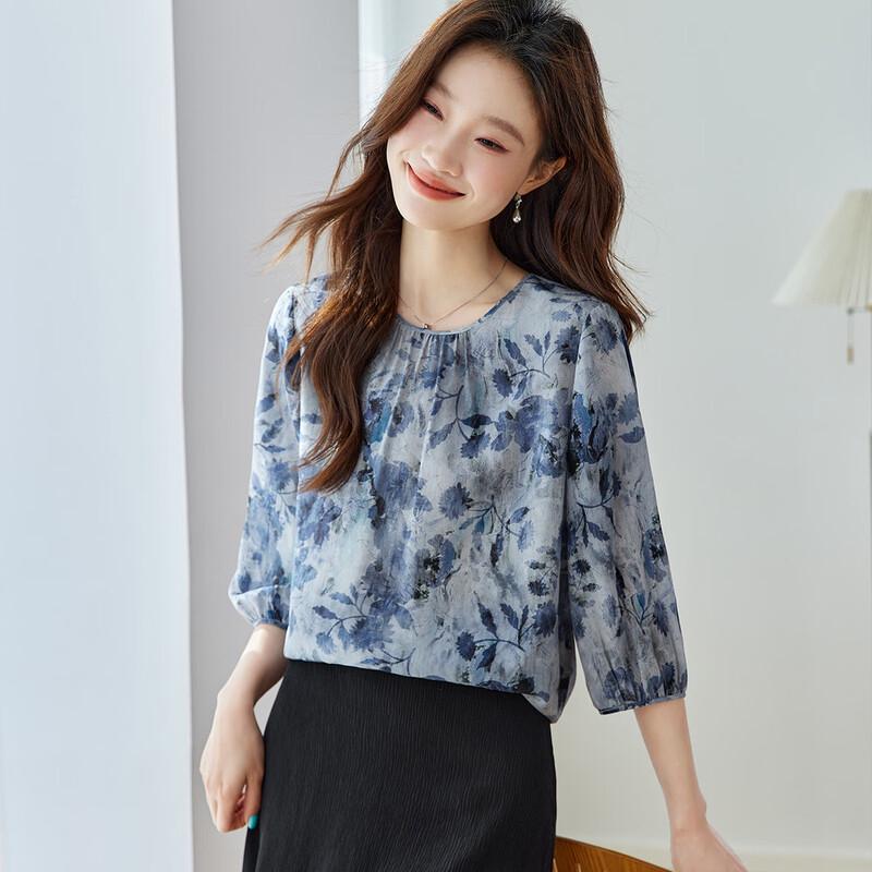 Srcr Women s 100% Mulberry Silk Crepe de Chine Lantern Sleeve Blouse M