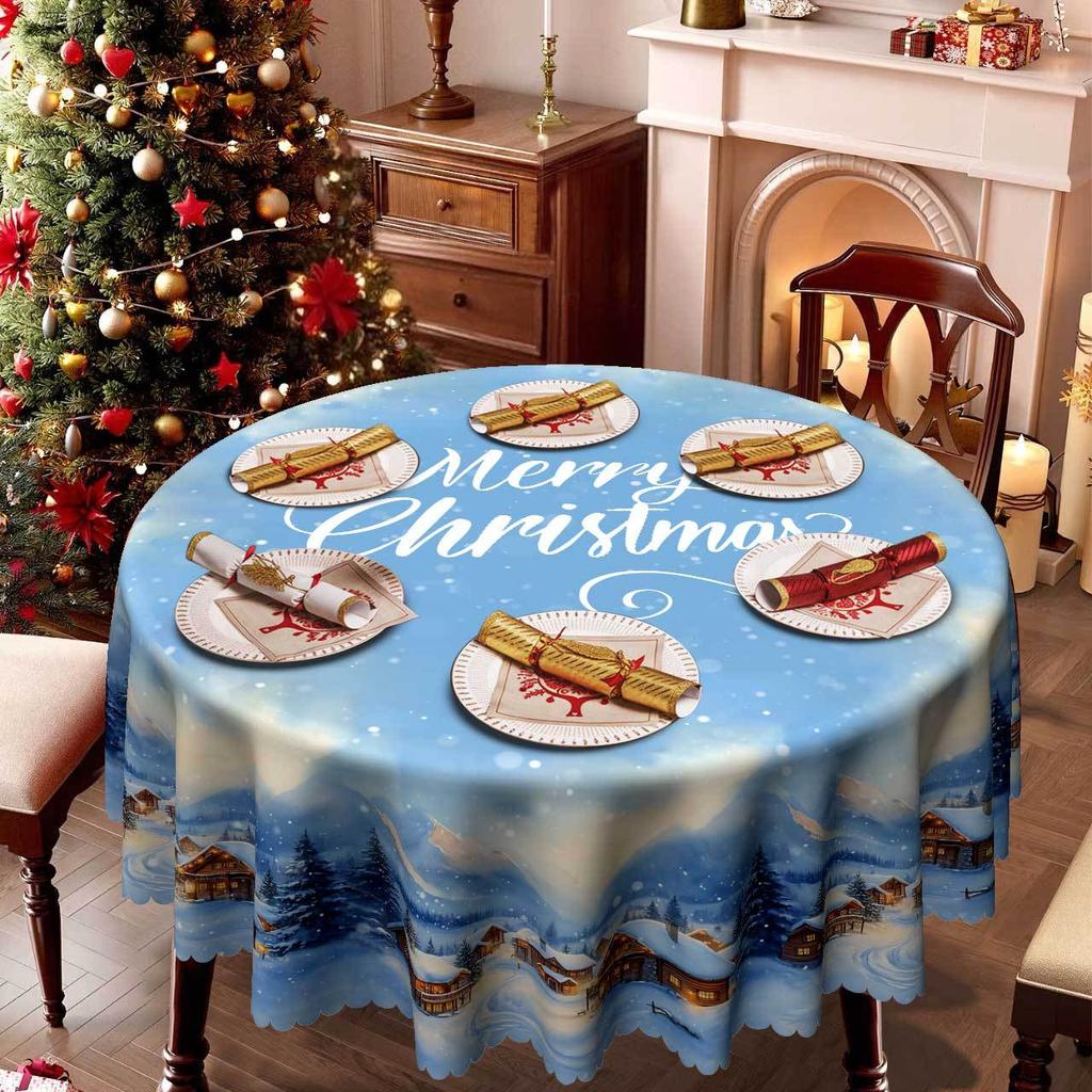 Christmas Table Blue Decorative Cloth, Waterproof And Oil-Proof Snow View House Tablecloth European-Style Warm Holiday Atmosphere Layout