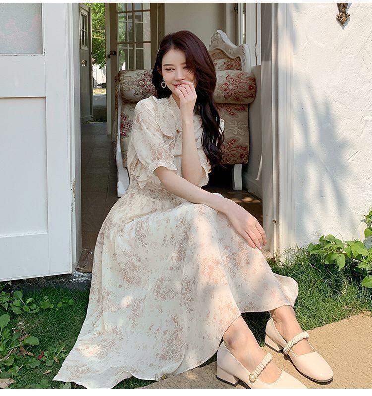 Summer French Style Floral Midi Dress - Waist-Cinched, Slimming, Elegant Temperament