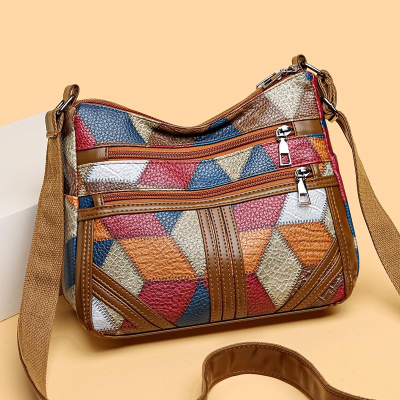 Borsa a tracolla multistrato con decorazione a quadri a blocchi di colore, grande capacità, per uso quotidiano, per donna, vintage