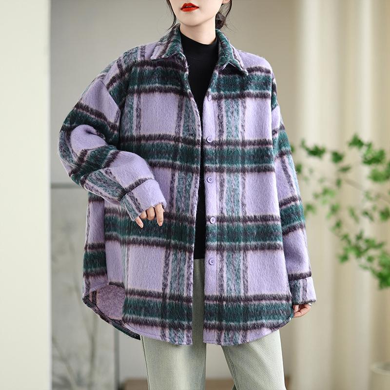 

DIMANAF 2025 Новые осенне-зимние женские пальто и куртки больших размеров, свободная повседневная верхняя одежда, винтажная женская клетчатая хлопковая толстая с длинным рукавом one size фиолетовый