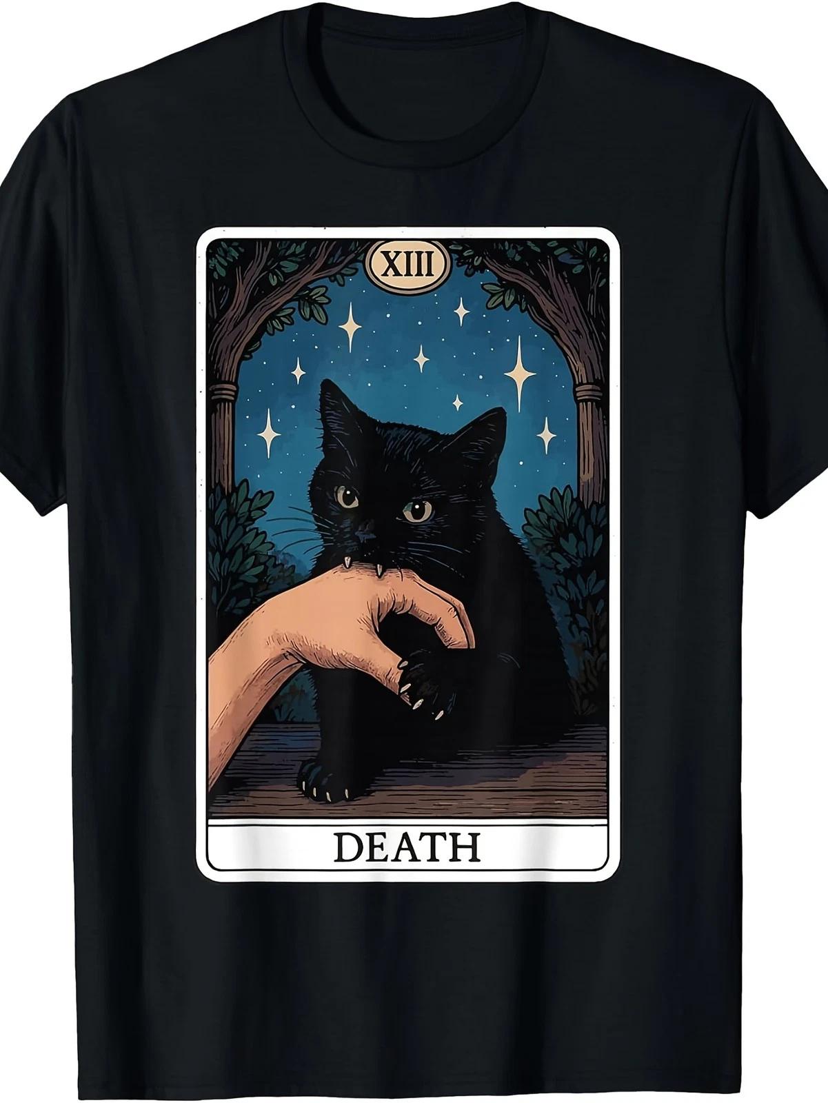 Cat Death Tarot Card Graphic T-Shirt Gothic Mystic Cat Tarot Tee M