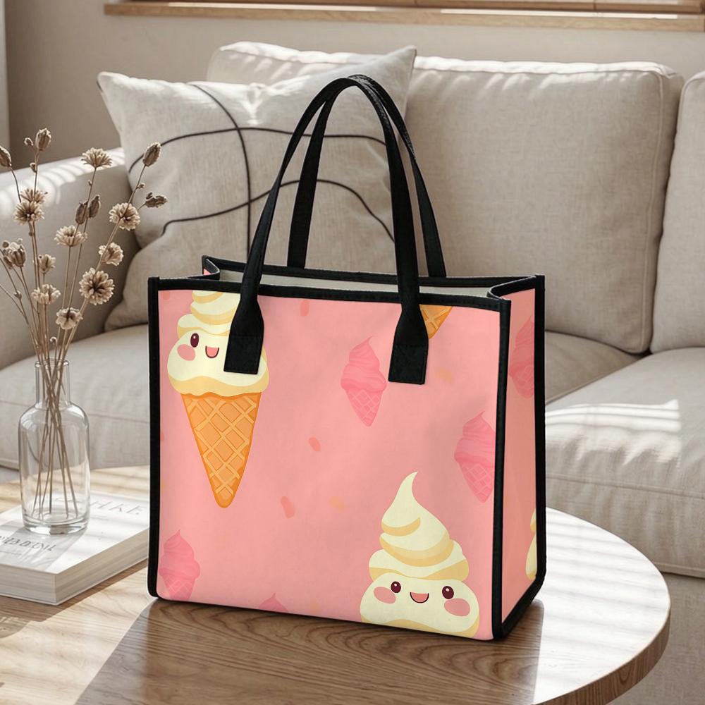Cute Ice Cream Print Canvas Tote Bag Fashion Large Capacity Daily Casual Reusable Shopping Handbag