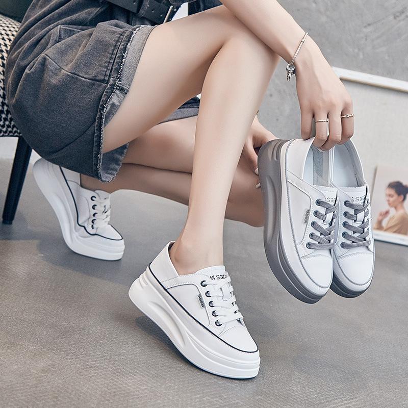 Two wearing little white shoes women's 2025 spring new trendy shoes soft leather lace-up shallow mouth shoes thick sole heightening casual shoes