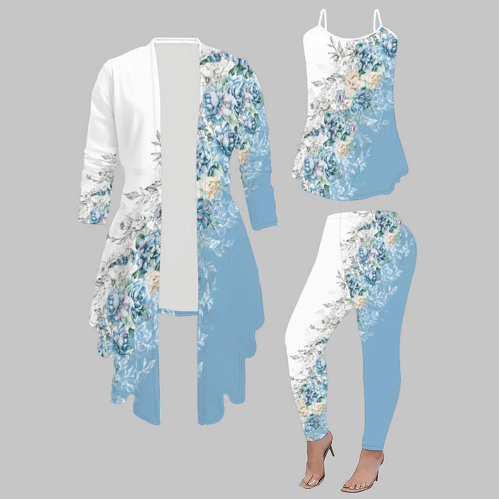Plus Size Flower Print 3 Piece Outfit, Long Sleeve Open Front Cardigan Cami Top Leggings Set for Women
