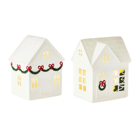 Christmas Mini Village House Figurine LED Lighted Winter Resin Town Cottage Tiny Desktop White House Ornament for Home Shelf Cabinet Table Decor