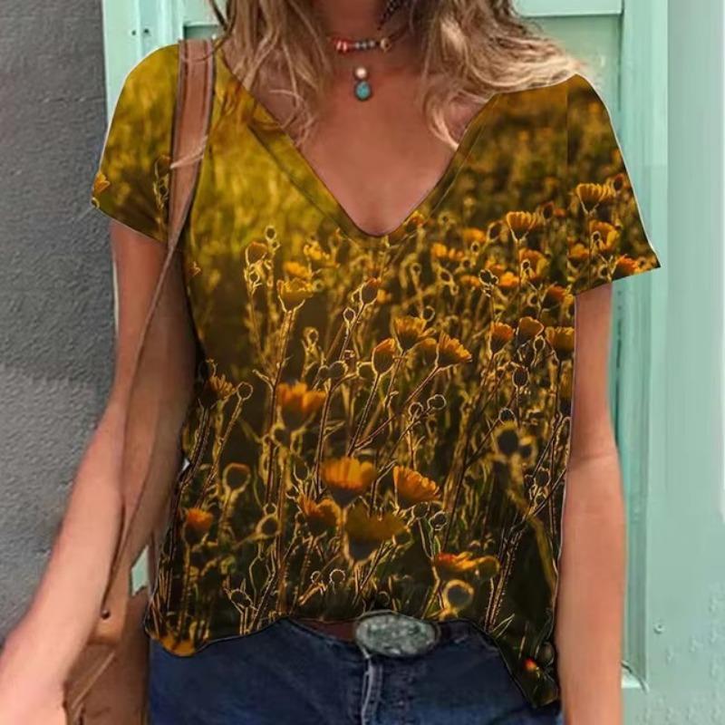 

Женская футболка с принтом летних цветов Футболка больших размеров Женская одежда большого размера Дизайнерская рубашка с коротким рукавом Женская V-образным вырезом 5XL