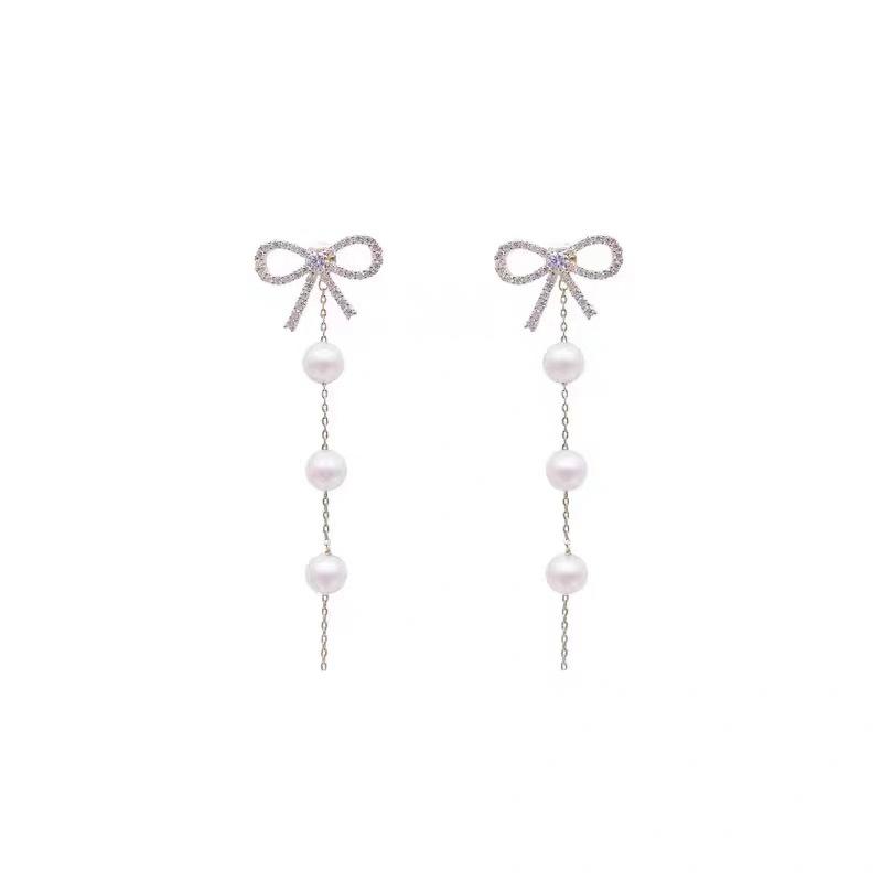 Bow rear hanging ear clips without ear holes, fringed earrings, slightly inlaid zircon pearl chain earrings, two wear stud earrings, women