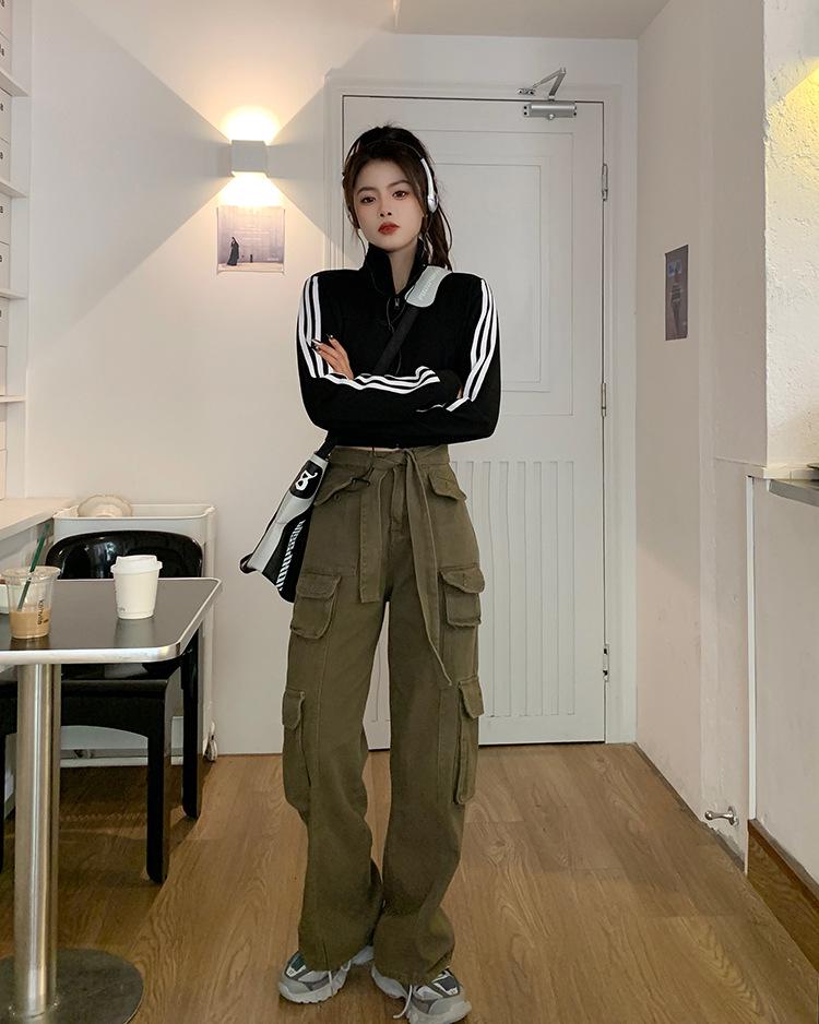 Women's Slim-Fit American Retro Three-Stripe Long-Sleeve Sporty Zip-Up Jacket with Stand-Up Collar