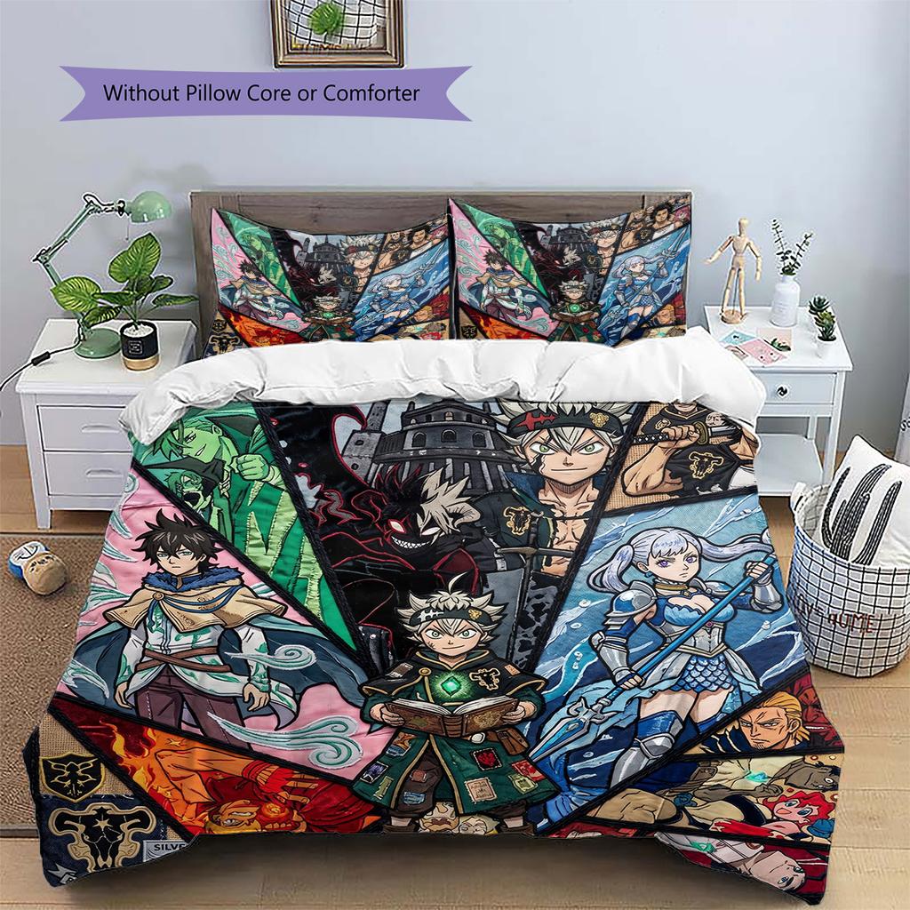Black Clover Patterned Pillowcase & Duvet Cover Set 3-Piece Anime Bedding Decor Great Gift for Fans YUN6516