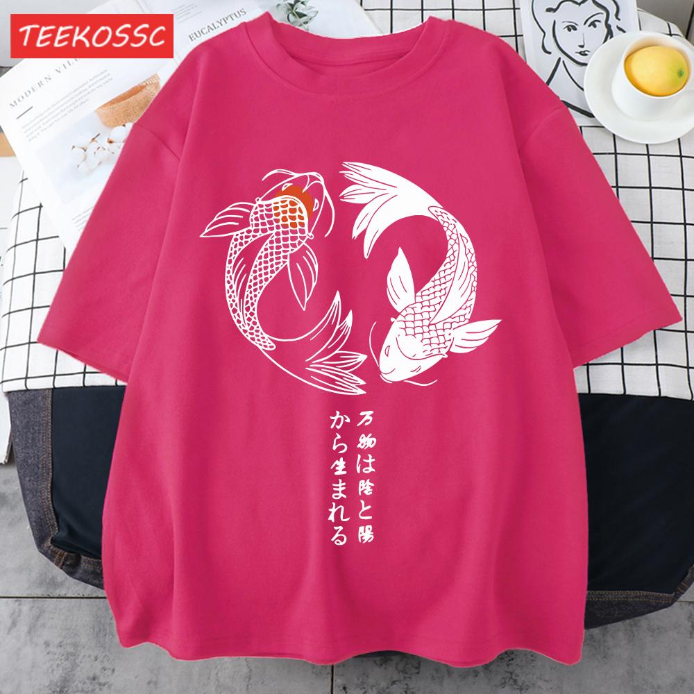 Two Koi Fish Swimming In Waterprint Men TShirts Cotton AllMatch T Shirt Comfortable Crewneck Tops Loose Unisex Summer Clothes