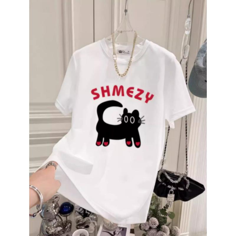 Cartoon Cat Top New Summer Korean Version Love Letters Large Version Loose Gray Short-sleeved T-shirt for Women
