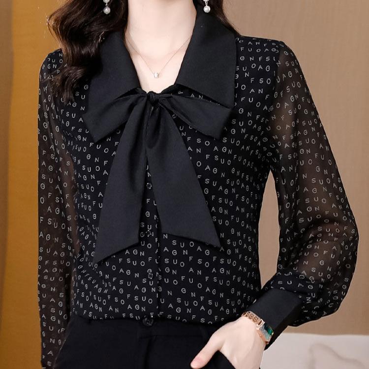 Chiffon Shirt Women's New Top Long-sleeved Shirt Floral Print Tie Neck Blouse  For Spring Fall Women's Clothing Perfect for Casual & Formal Occasions