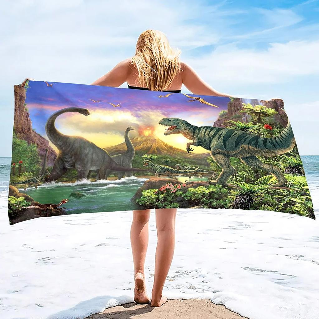 Prehistoric Volcano Multi Dinosaur Scenery Beach Blanket Light Printed Blanket For Summer Seaside Picnic Holiday