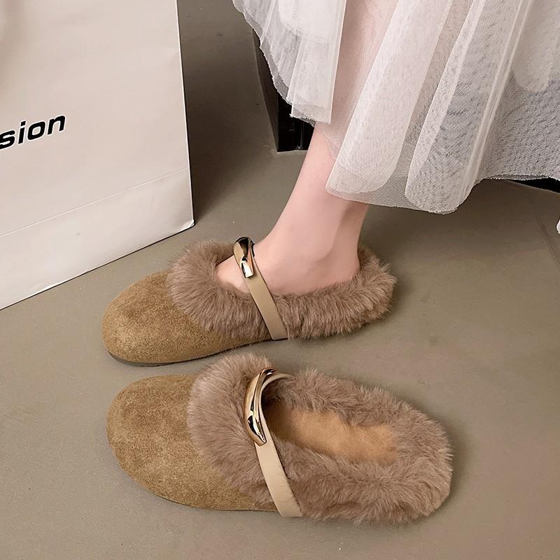 Temperament flat-bottomed cotton drag girl velvet autumn and winter new fairy fluffy outer wear Mary Jane drag 40 хаки 2890₽