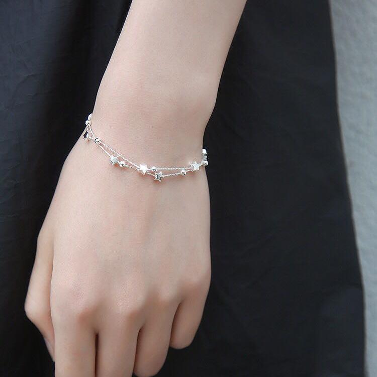 925 Sterling Silver 8-Inches Star Beaded Bracelet for Women, Fashion Charm, and Wedding Jewelry