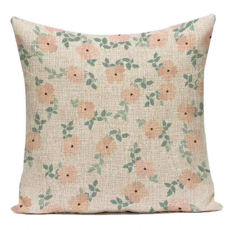 Decorative Throw Pillows Case Linen Sofa Home Decor Pillowcase Pink Flower Plant Leaf Cushion Cover For Living Room
