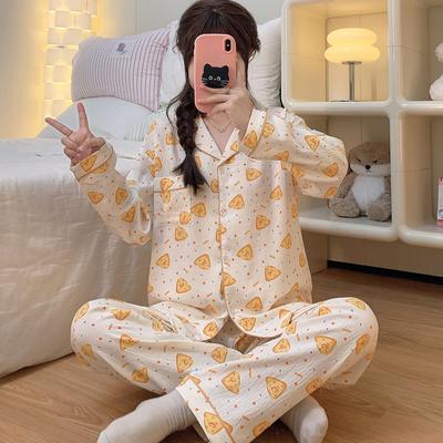 Cartoon Niedlicher Käse-Print Koreanischer Pyjama-Set für Damen Langärmlig Reverskragen Damenpyjama Herbst Winter Nachtwäsche