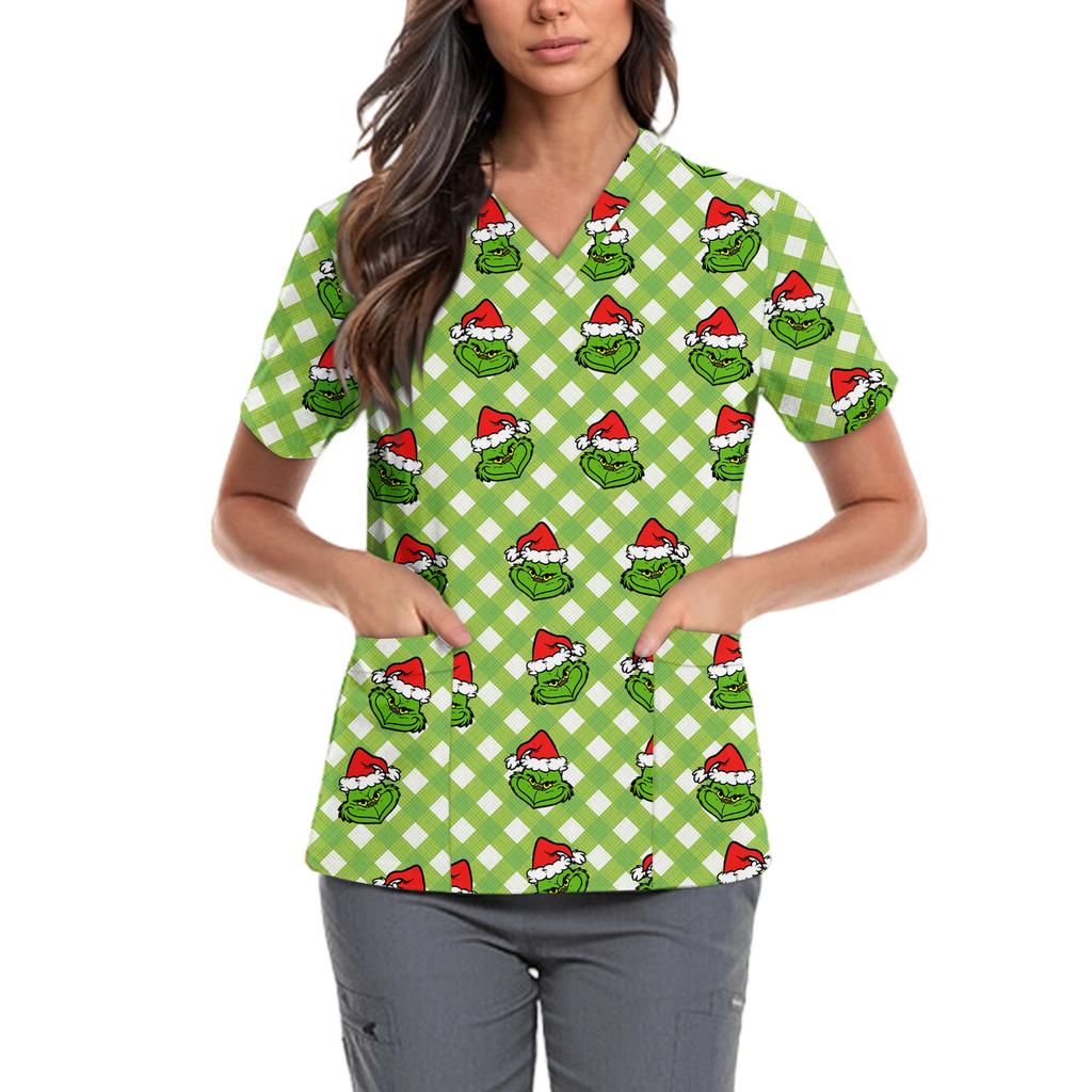 Women's Cute Bow Printed Work Clothes V-neck Double Layer Pockets Basic Short Sleeve Top Pullover