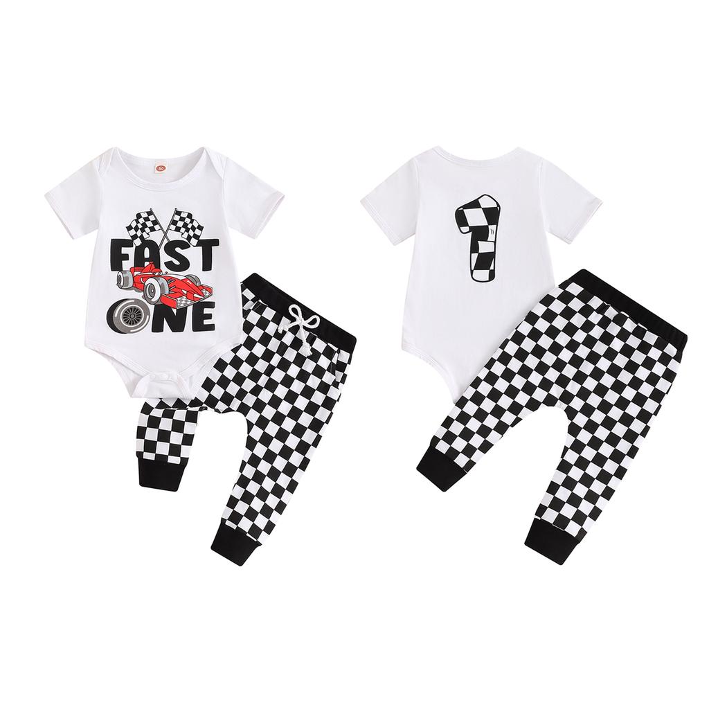 Baby Jungen Erstgeburtstags-Outfit, Kurzarm Strampler mit Rennfahrer-Print und karierter Hose Sommer-Outfit