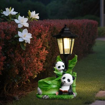Resin Panda Garden Statue with Solar Light Mini Planter Weatherproof Multipurpose 7.3x5x12.6inch